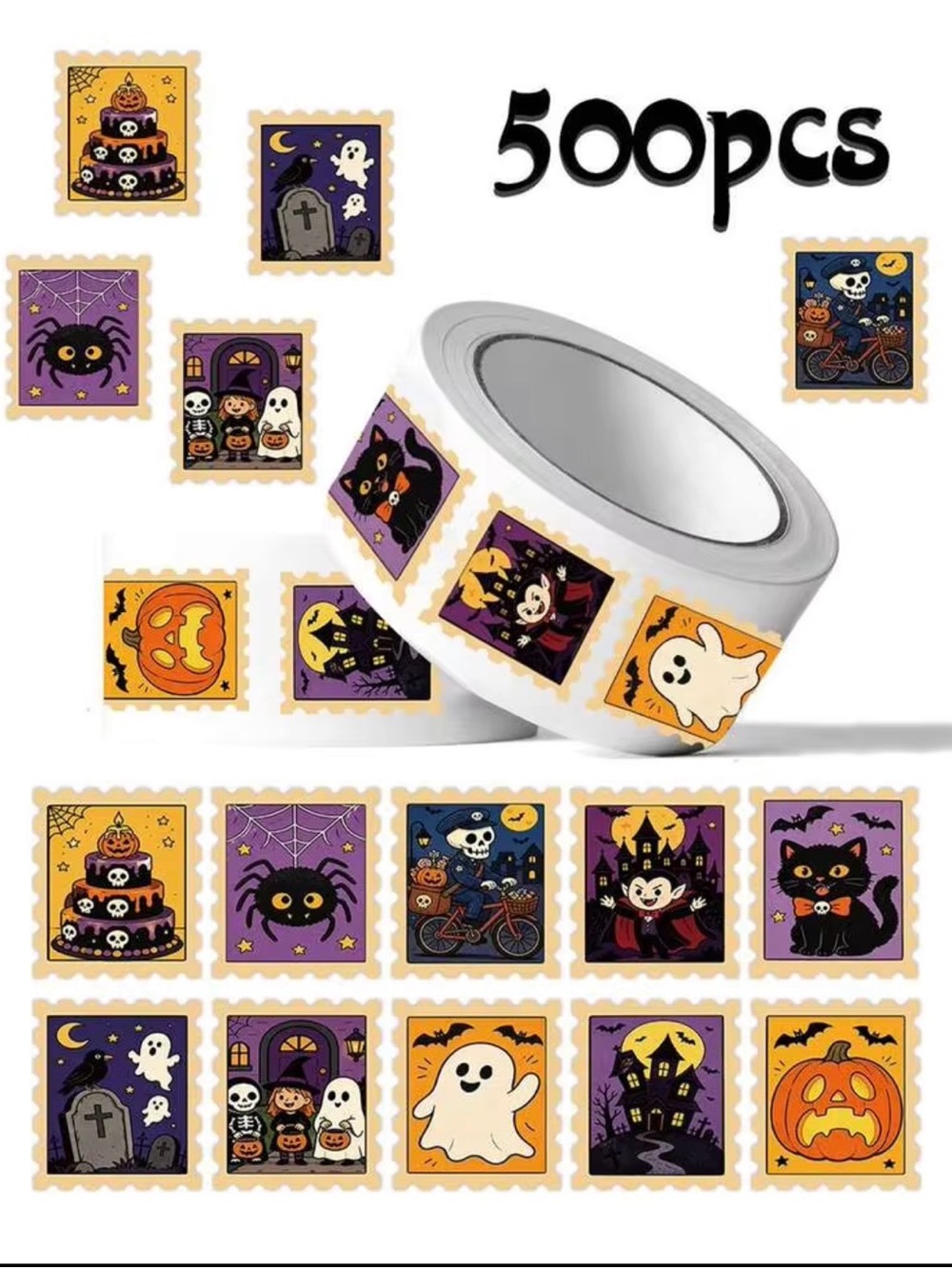 Halloween Sticker Roll - 500pcs Ghost, Pumpkin & Cat Designs